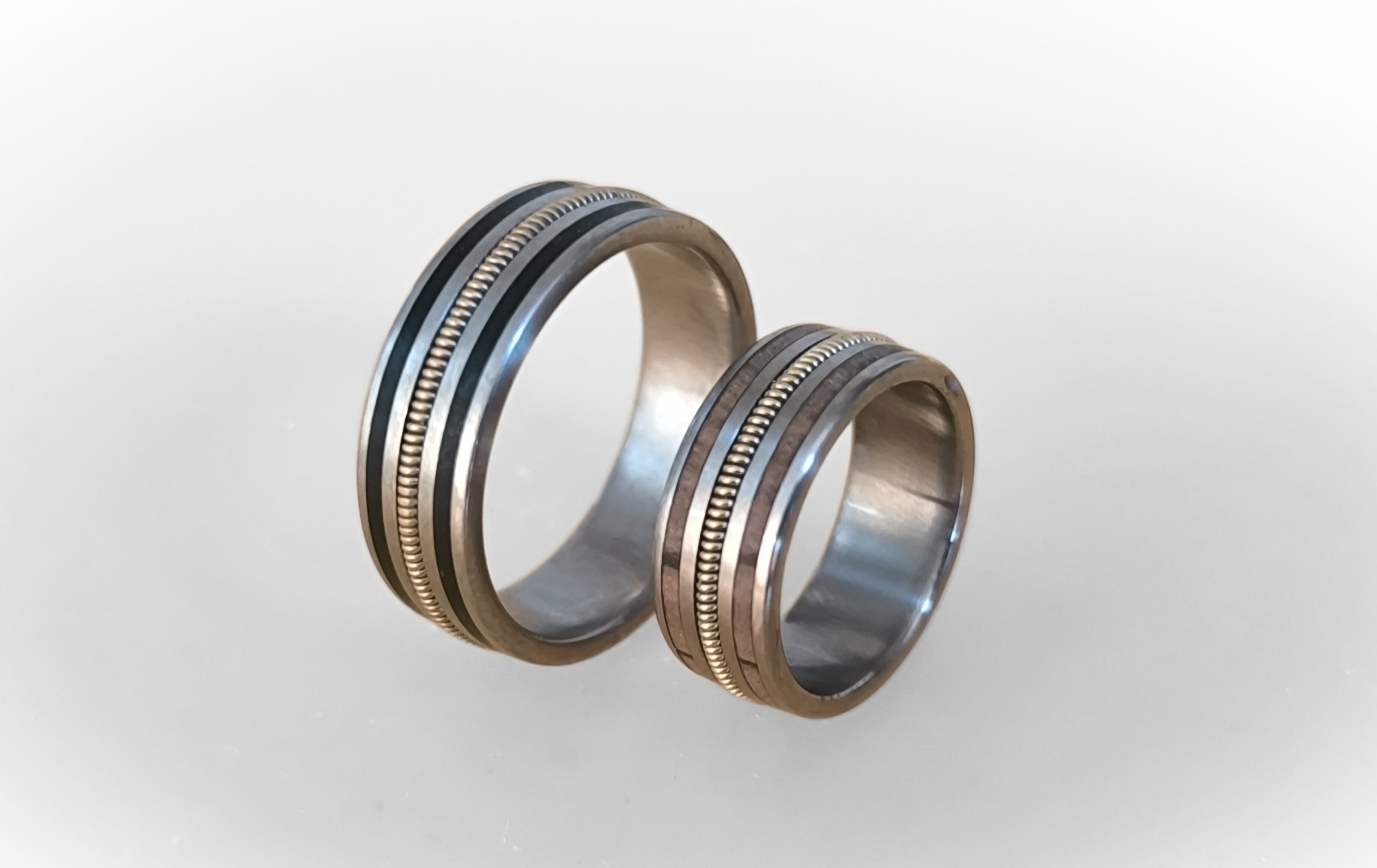 Titanium Wedding Ring Set: Guitar String & Ebony Wood Inlay