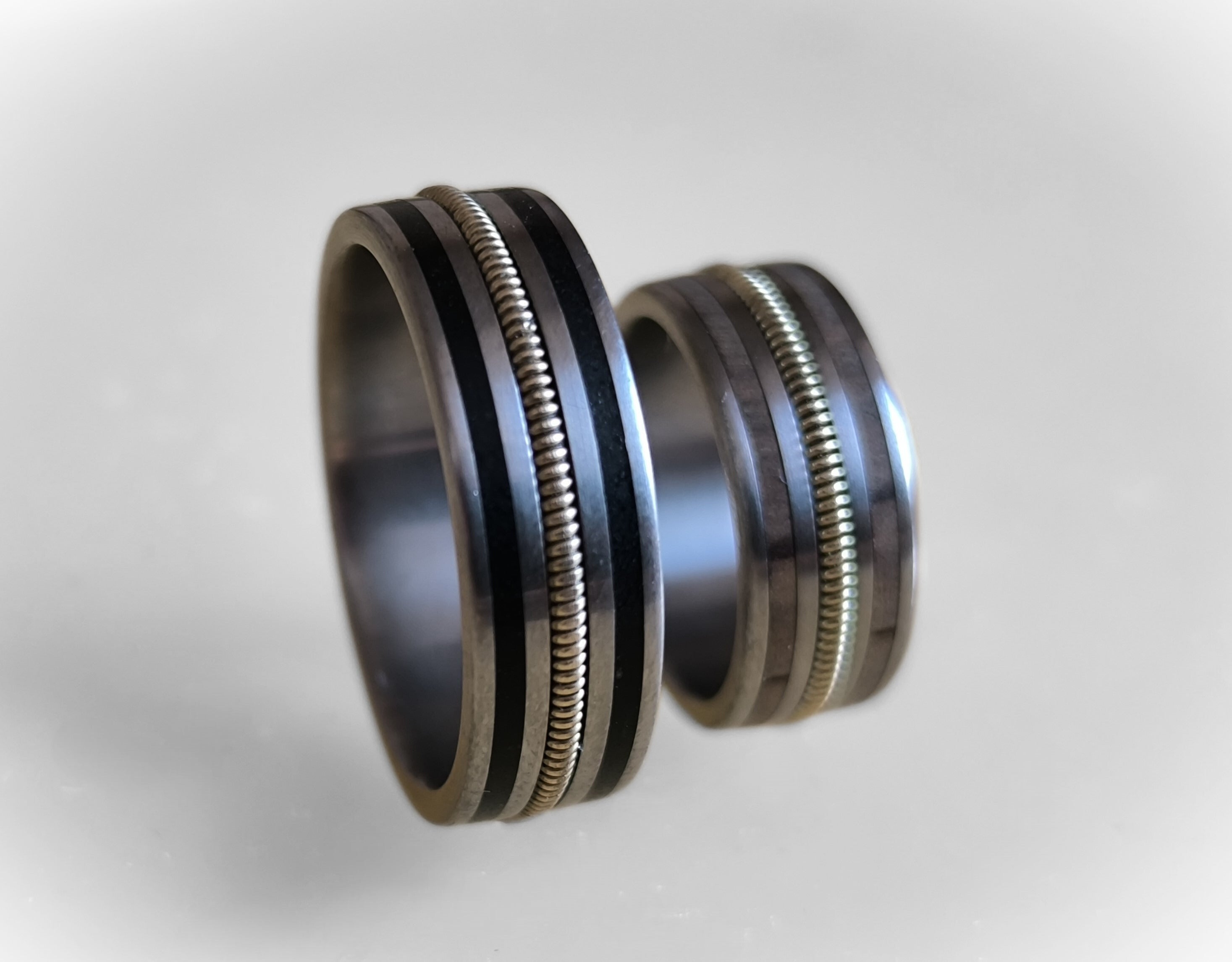 Titanium Wedding Ring Set: Guitar String & Ebony Wood Inlay