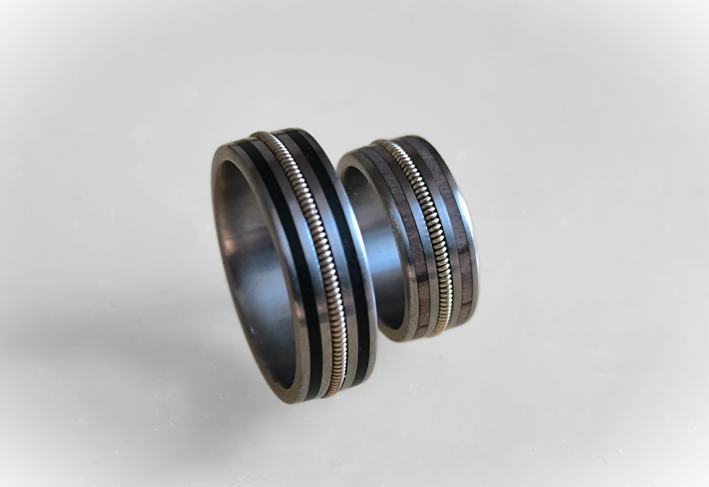 Titanium Wedding Ring Set: Guitar String & Ebony Wood Inlay