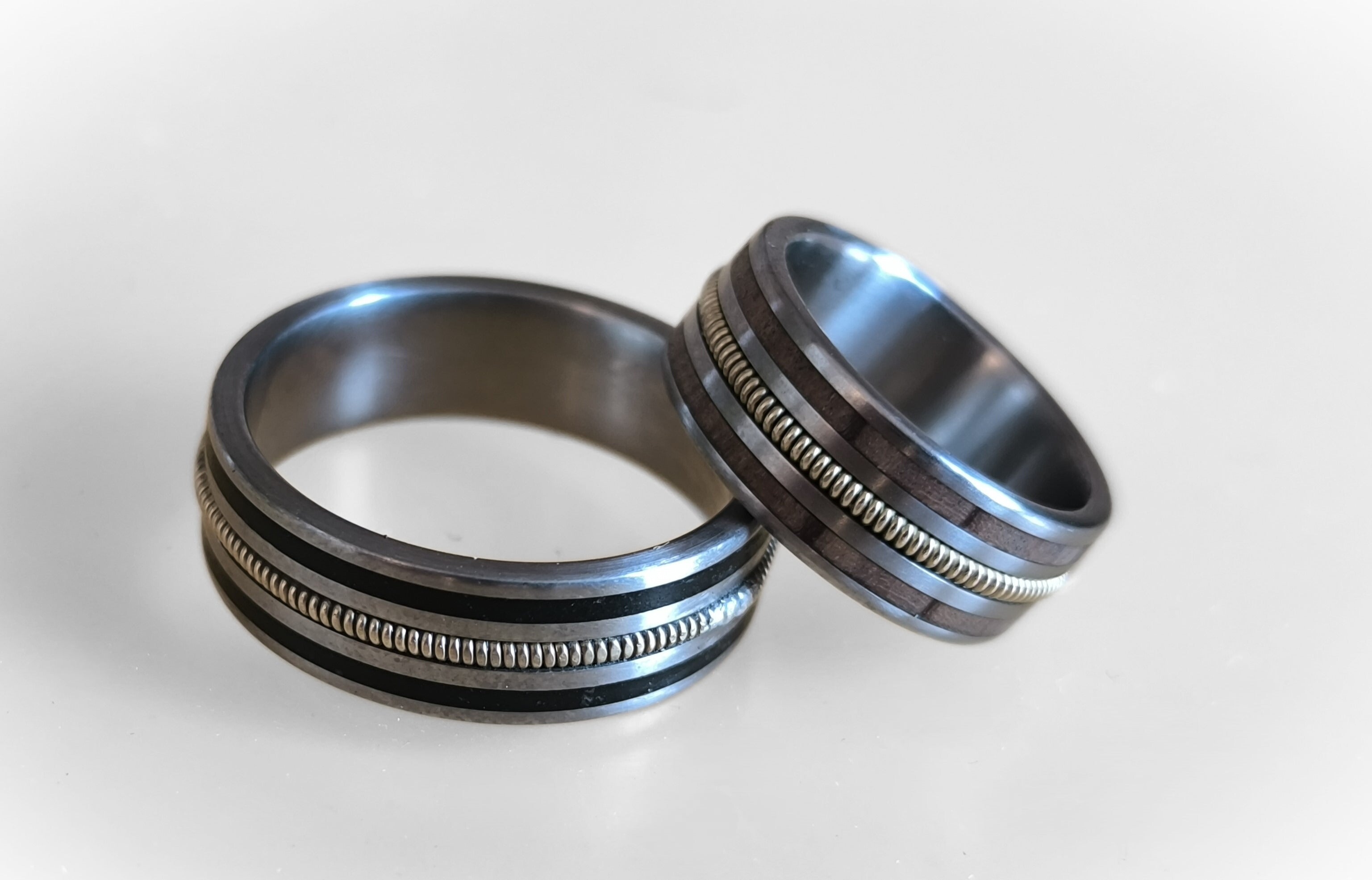 Titanium Wedding Ring Set: Guitar String & Ebony Wood Inlay