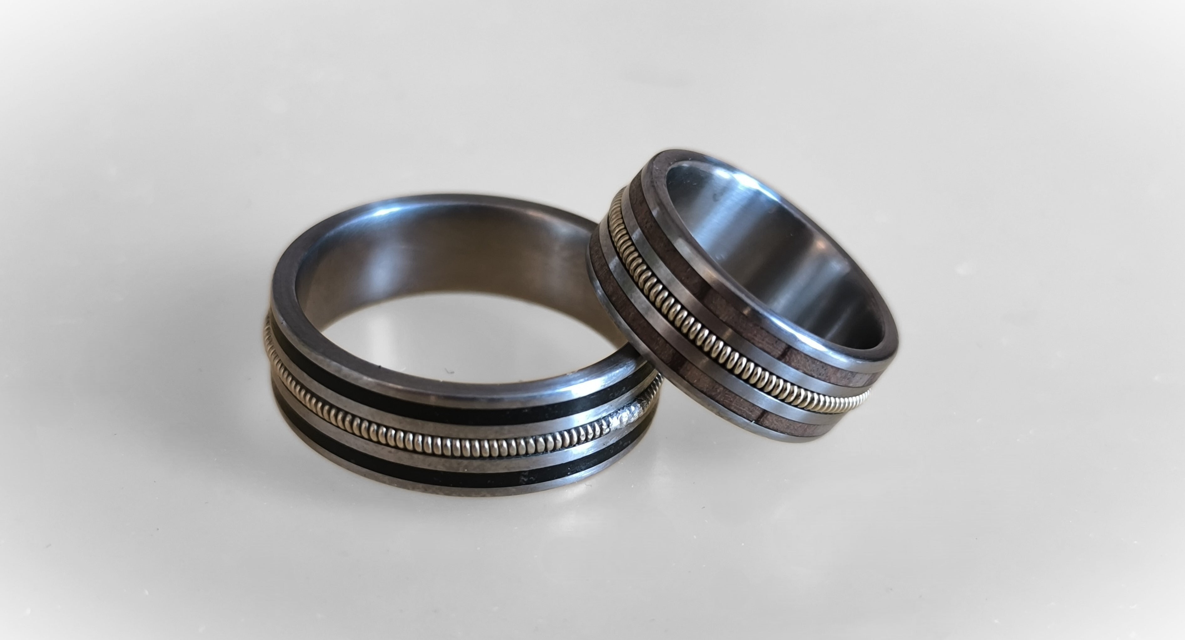 Titanium Wedding Ring Set: Guitar String & Ebony Wood Inlay