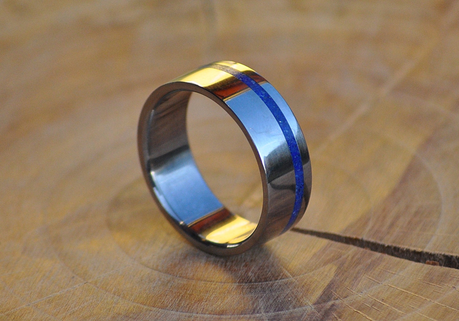 Customizable Stainless Steel Ring with Lapis Lazuli Inlay: Wedding Band