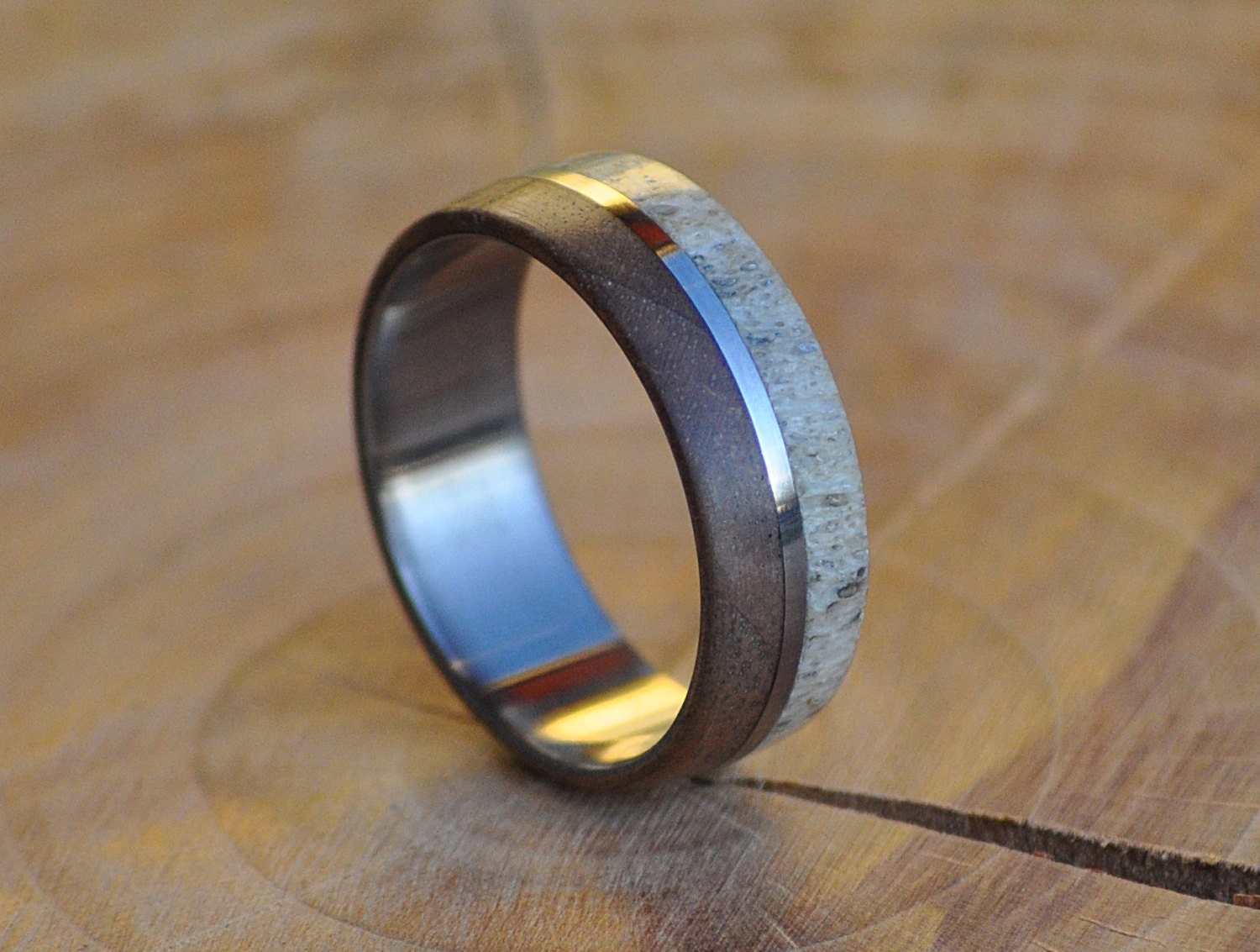 Deer Antler Ring: Walnut Wood Inlay, Stainless Steel Band