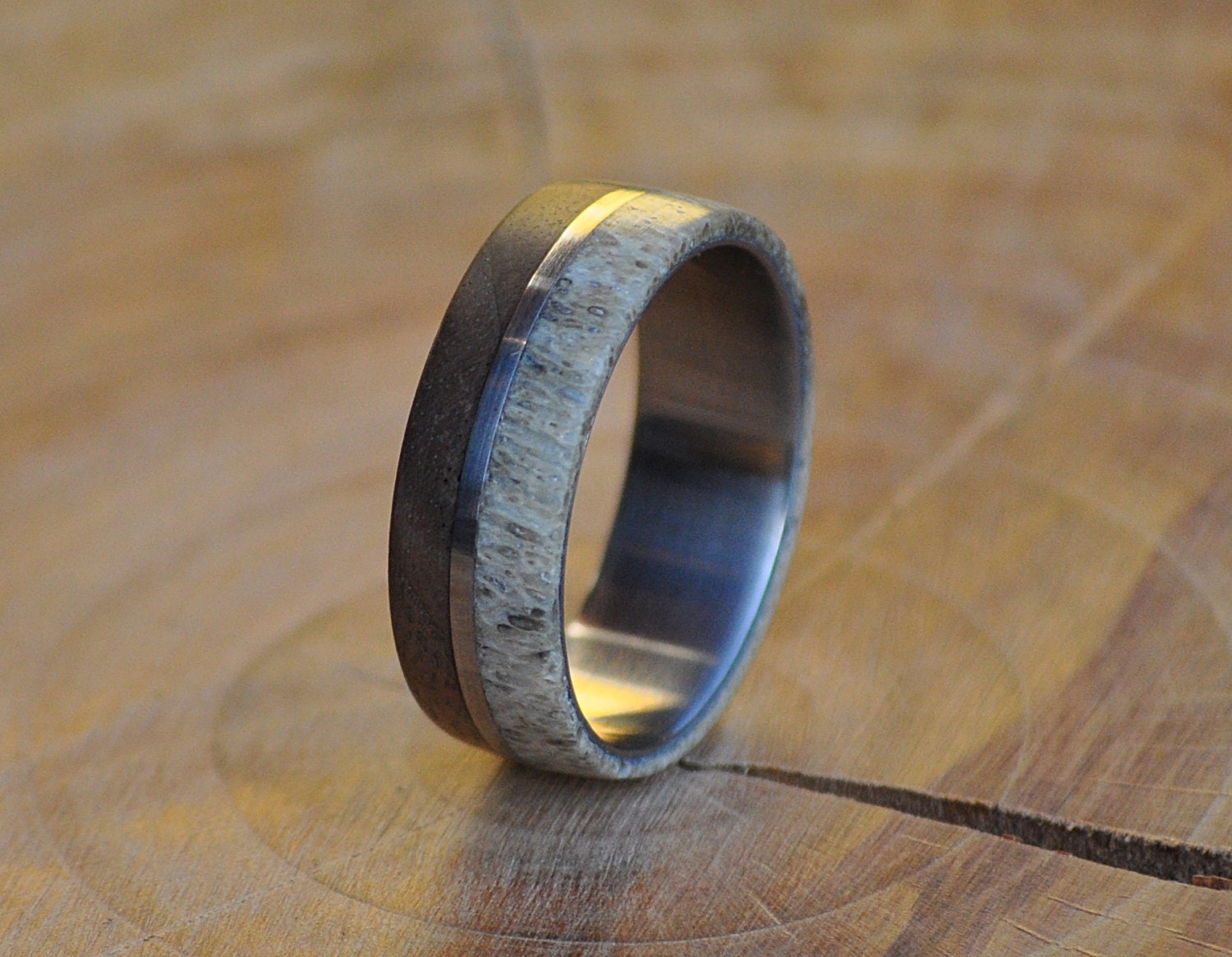 Deer Antler Ring: Walnut Wood Inlay, Stainless Steel Band
