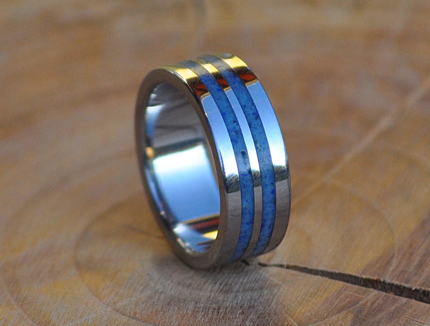Handmade Stainless Steel Wedding Band with Blue Lapis Lazuli Inlay