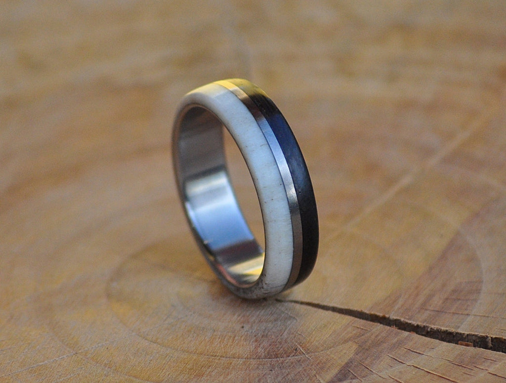 Handcrafted Stainless Steel Ring with Deer Antler and Ebony Wood Inlays