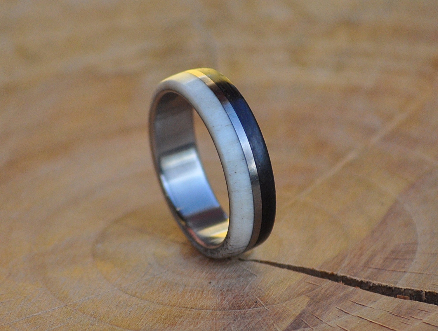 Handcrafted Stainless Steel Ring with Deer Antler and Ebony Wood Inlays