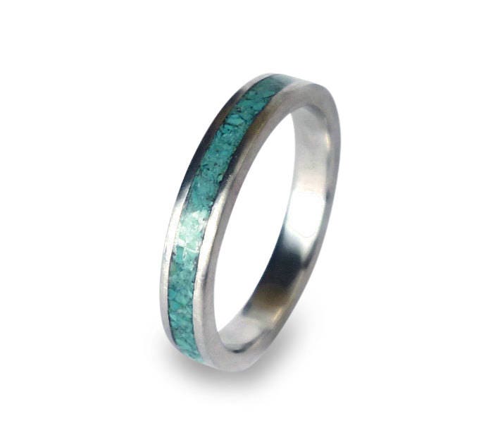 Handmade Titanium Ring with Turquoise Inlay - Women's Wedding Band