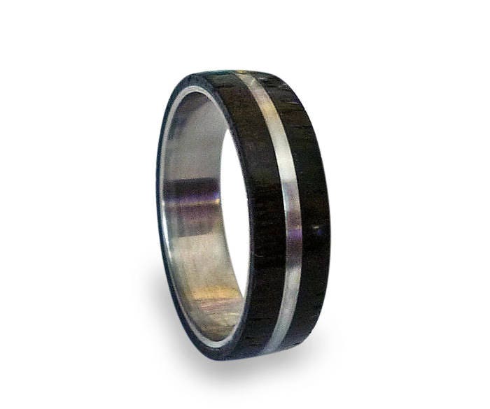 Handmade Stainless Steel Wedding Band with Wenge Wood Inlay