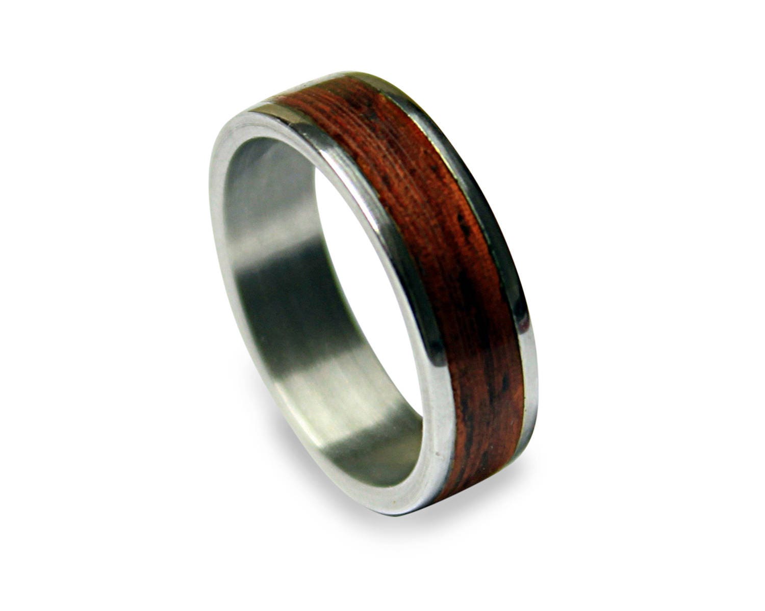 Titanium Ring with Mahogany Wood Inlay - Handmade Wooden Band