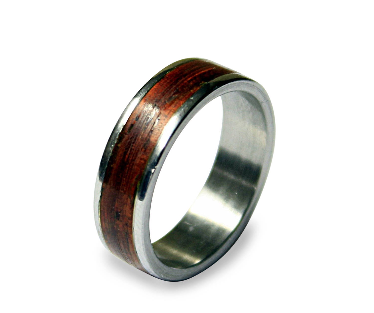 Titanium Ring with Mahogany Wood Inlay - Handmade Wooden Band
