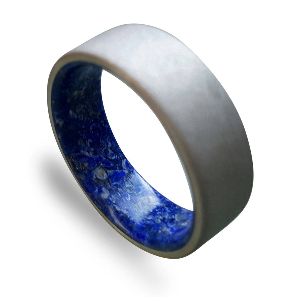 Sand Blasted Titanium Ring: Lapis Lazuli Inlay, Hypoallergenic Band