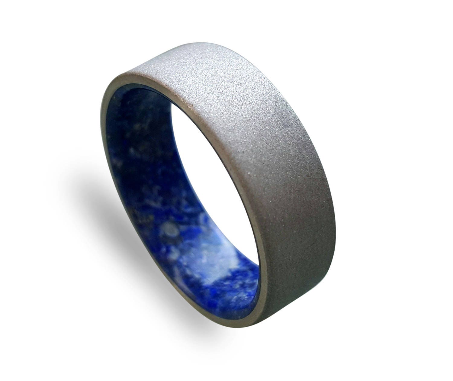 Sand Blasted Titanium Ring: Lapis Lazuli Inlay, Hypoallergenic Band