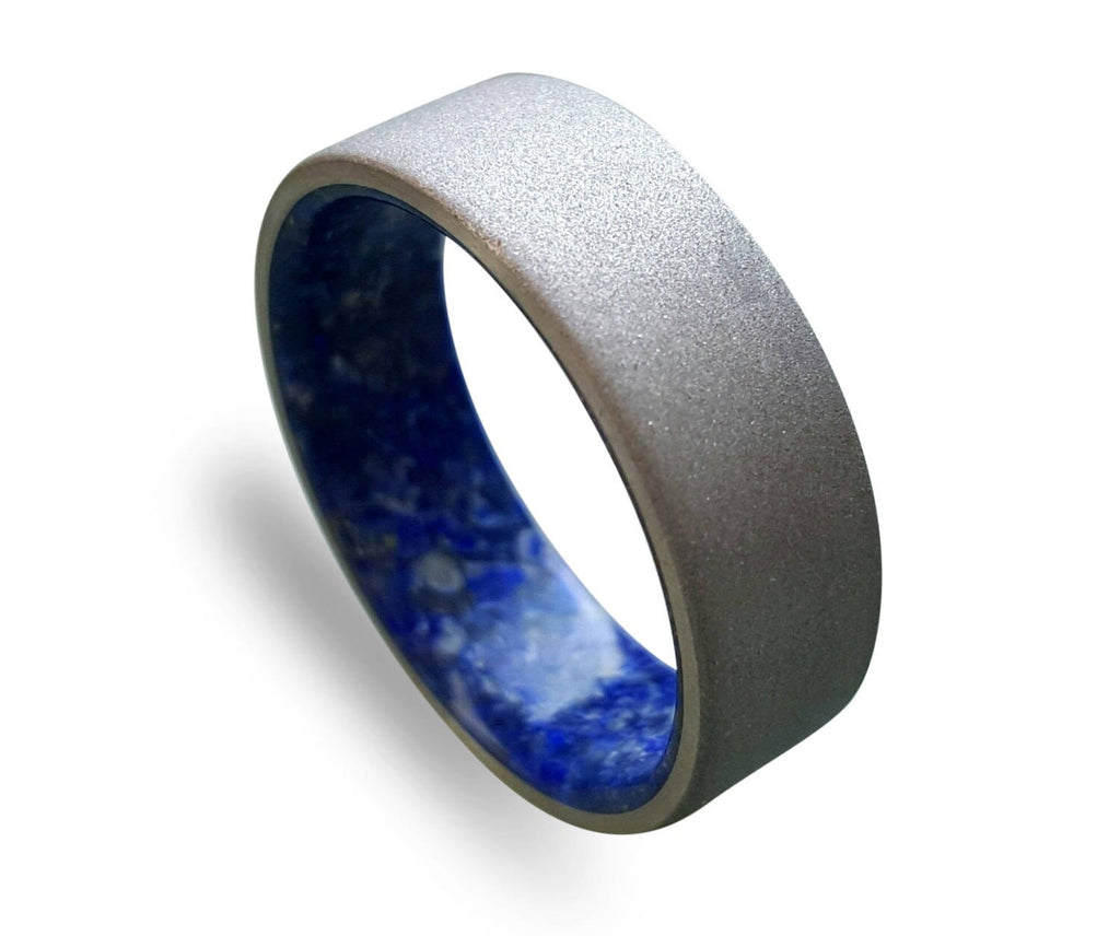 Sand Blasted Titanium Ring: Lapis Lazuli Inlay, Hypoallergenic Band