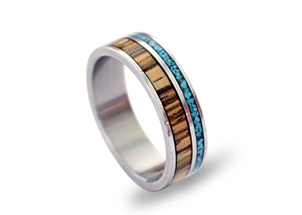 Titanium Ring: Zebrano Wood & Turquoise Inlay, Handmade Band