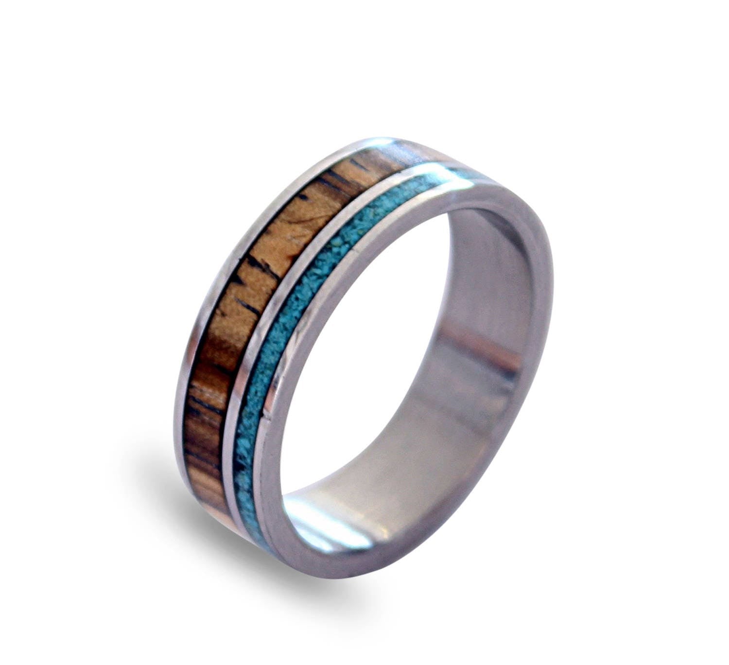 Titanium Ring: Zebrano Wood & Turquoise Inlay, Handmade Band