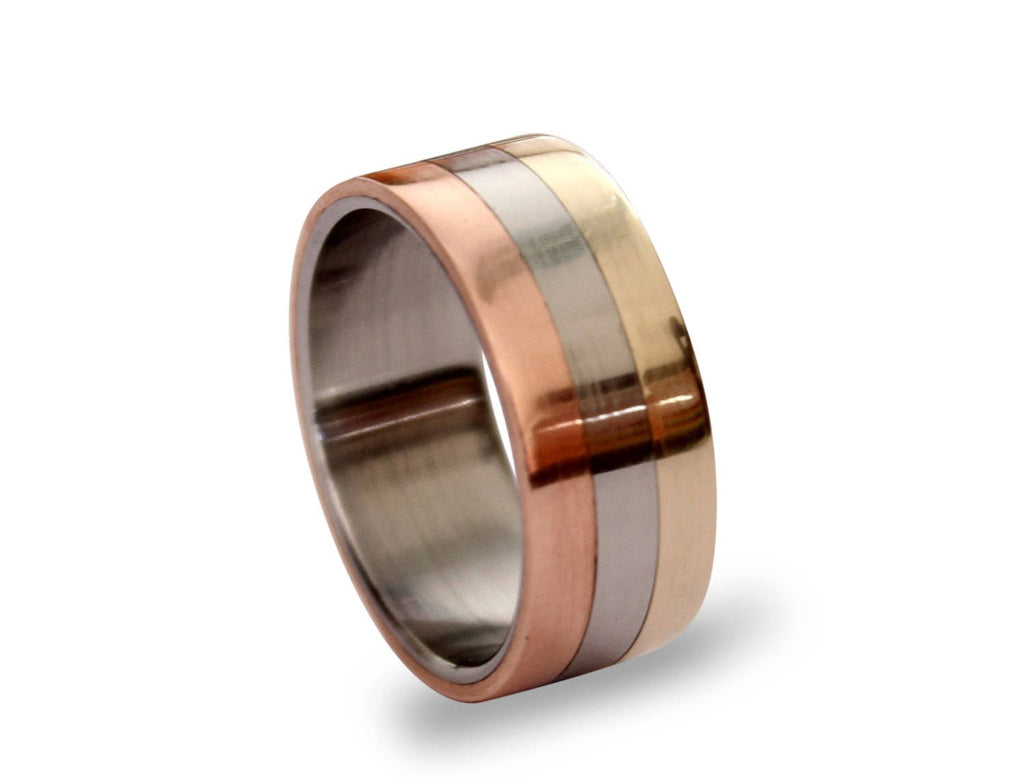Titanium Wedding Band: Copper Inlay, Bronze Pinstripe