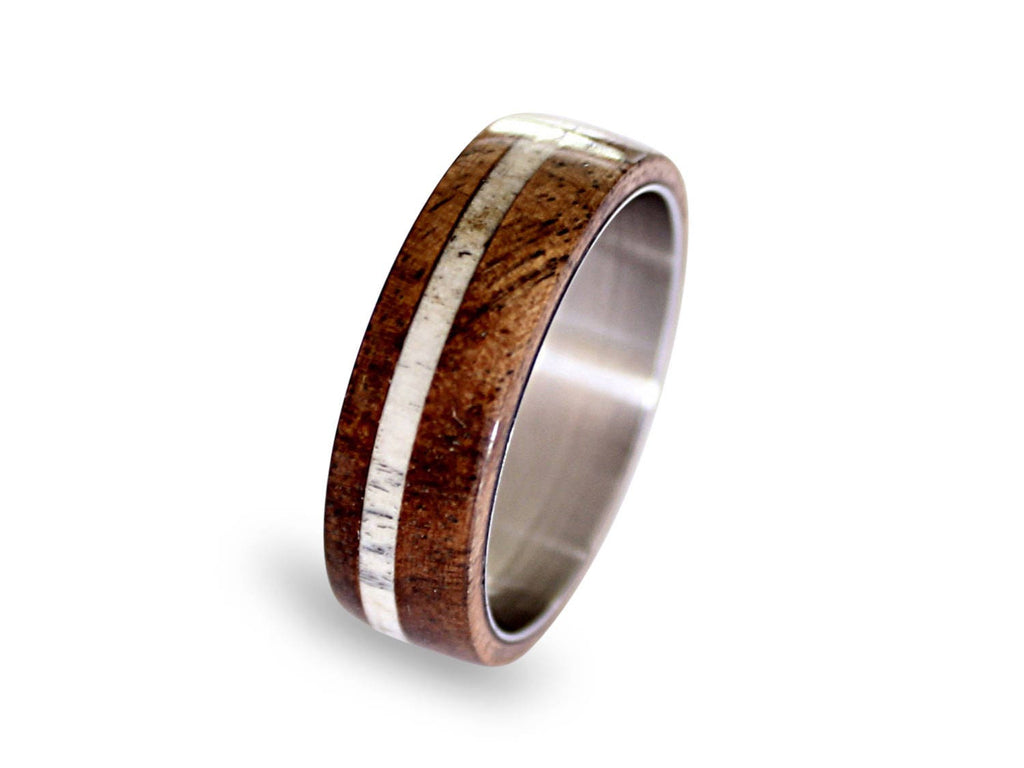 Oak Wood & Deer Antler Inlay Titanium Ring
