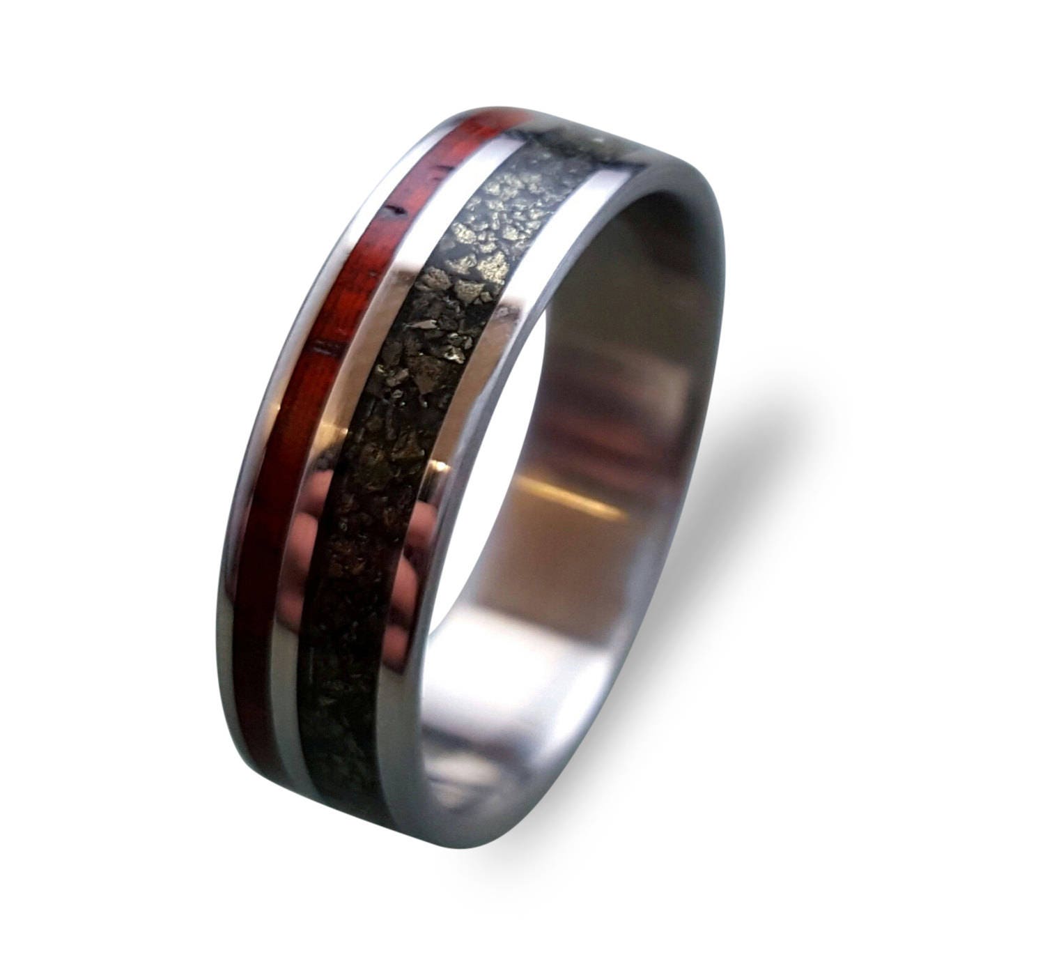 Titanium Wedding Band: Cocobolo Wood & Pyrite Inlay Ring