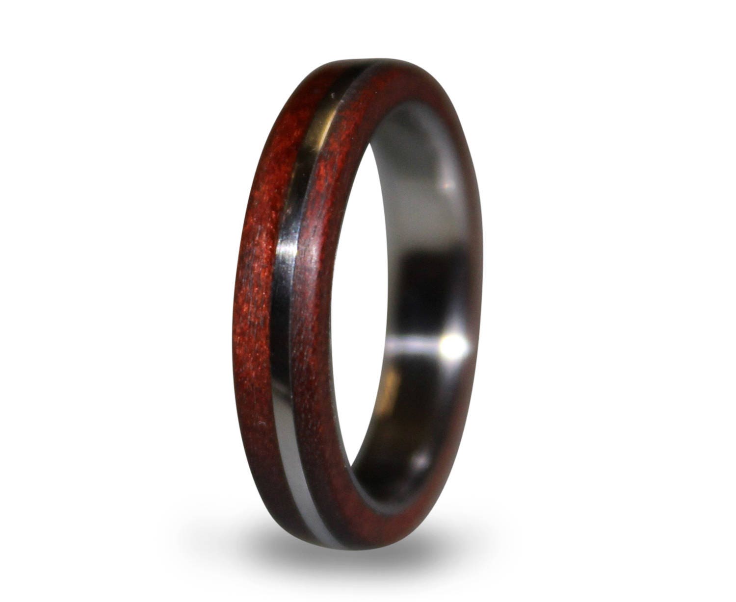 Titanium Ring with Red Heart Wood Inlay - Handmade Wedding Band