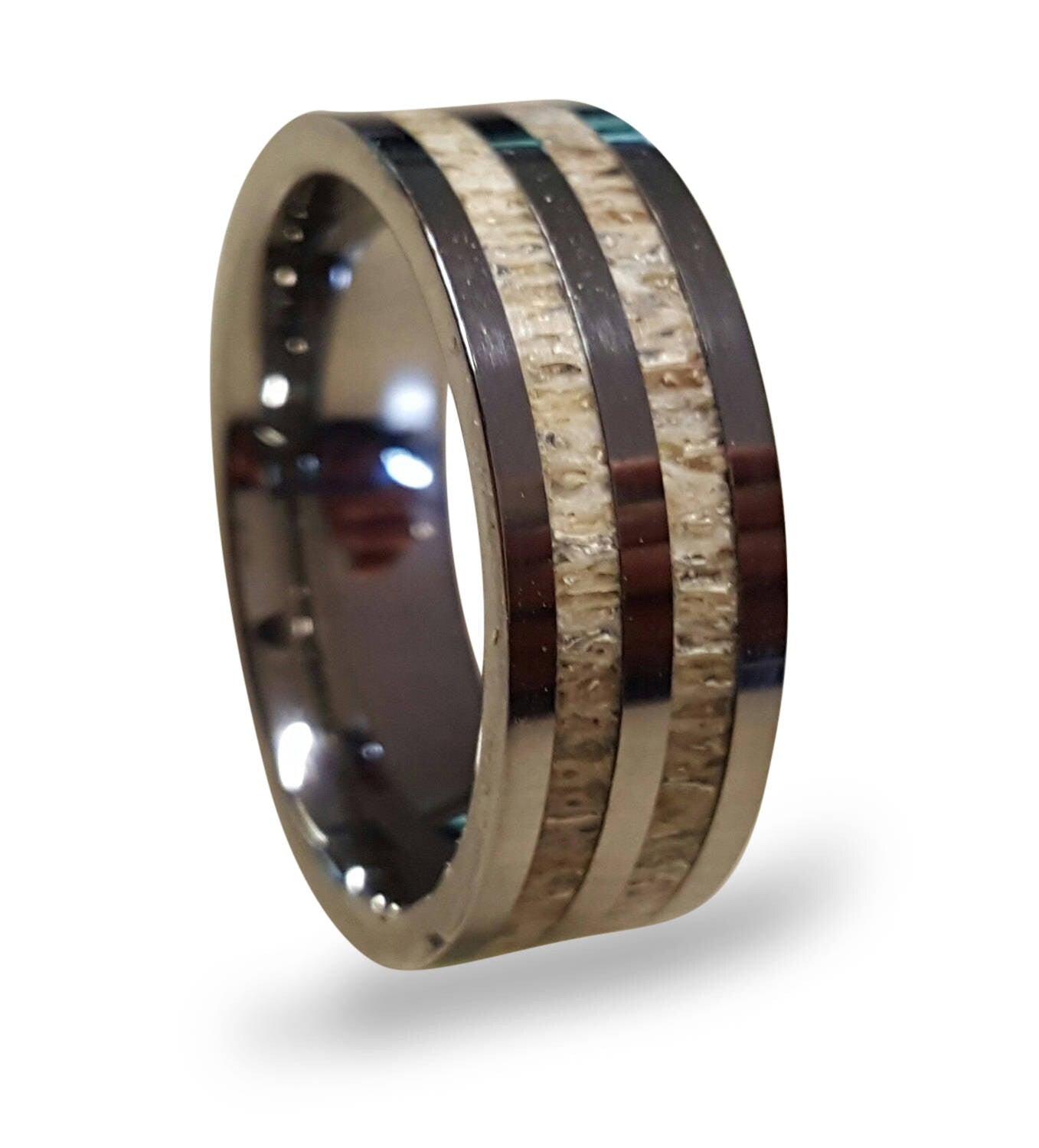 Tungsten Carbide Ring with Deer Antler Inlays: Handmade Wedding Band