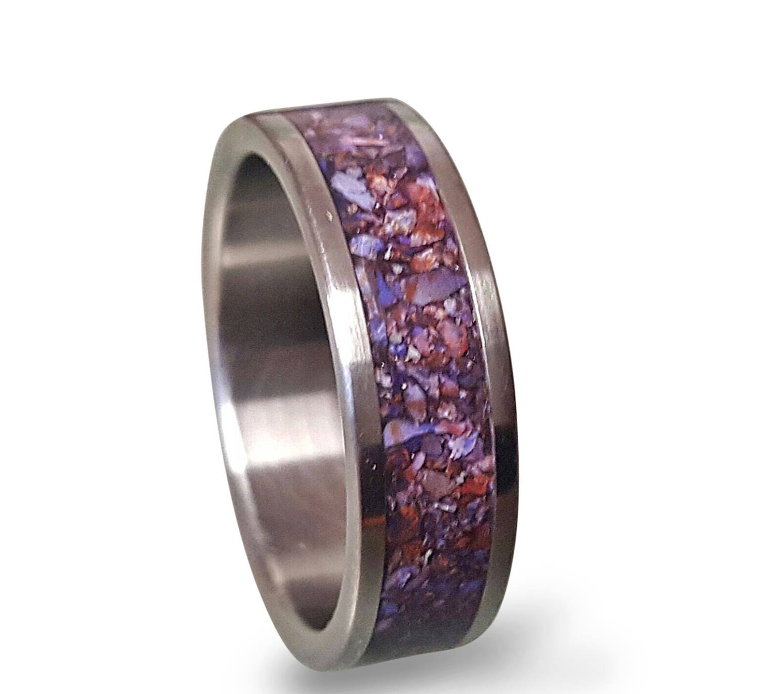 Titanium Ring: Crushed Purple Amethyst Inlay Band