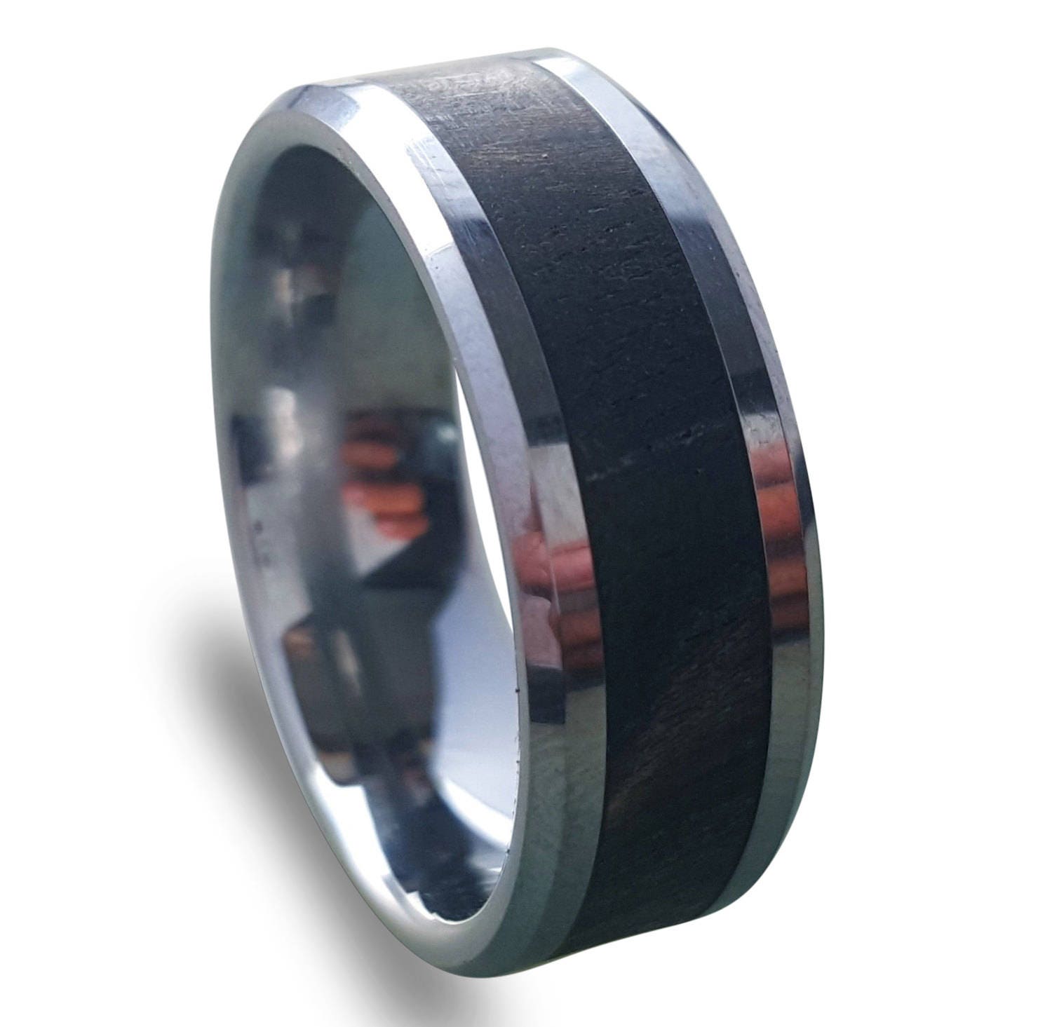 Tungsten Carbide Ring with Ebony Wood Inlay: Handmade Wedding Band