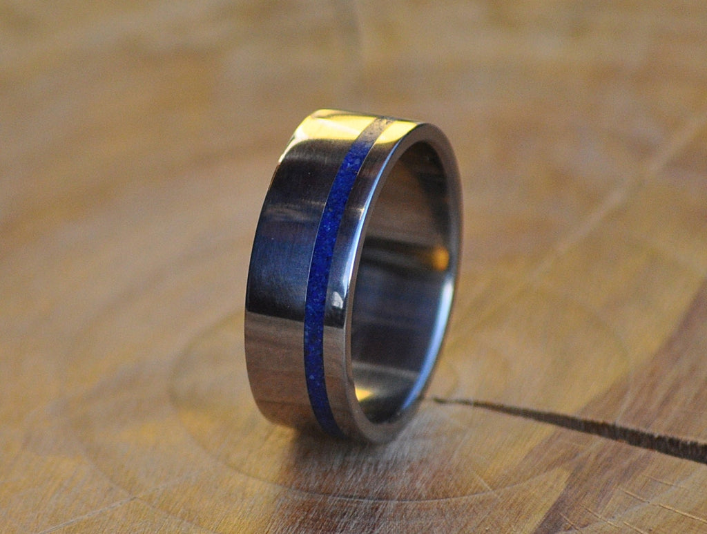 Customizable Stainless Steel Ring with Lapis Lazuli Inlay: Wedding Band