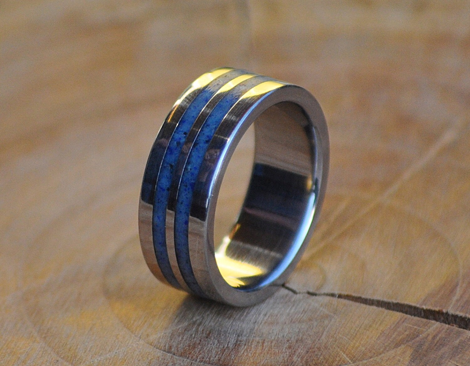 Handmade Stainless Steel Wedding Band with Blue Lapis Lazuli Inlay