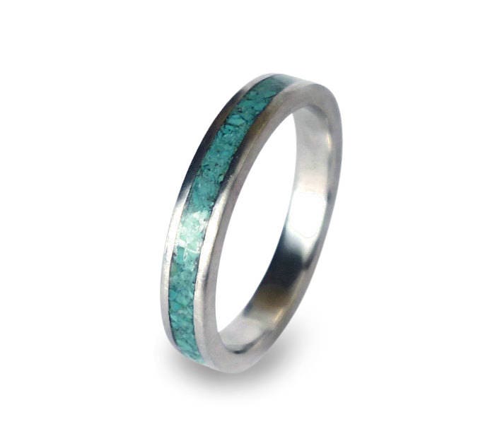 Handmade Titanium Ring with Turquoise Inlay - Women's Wedding Band