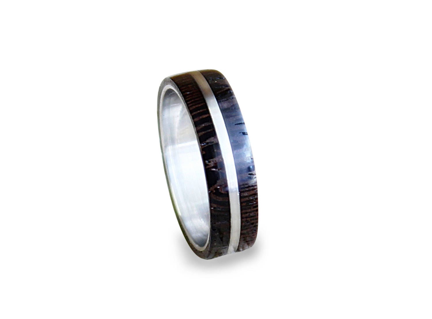 Handmade Stainless Steel Wedding Band with Wenge Wood Inlay