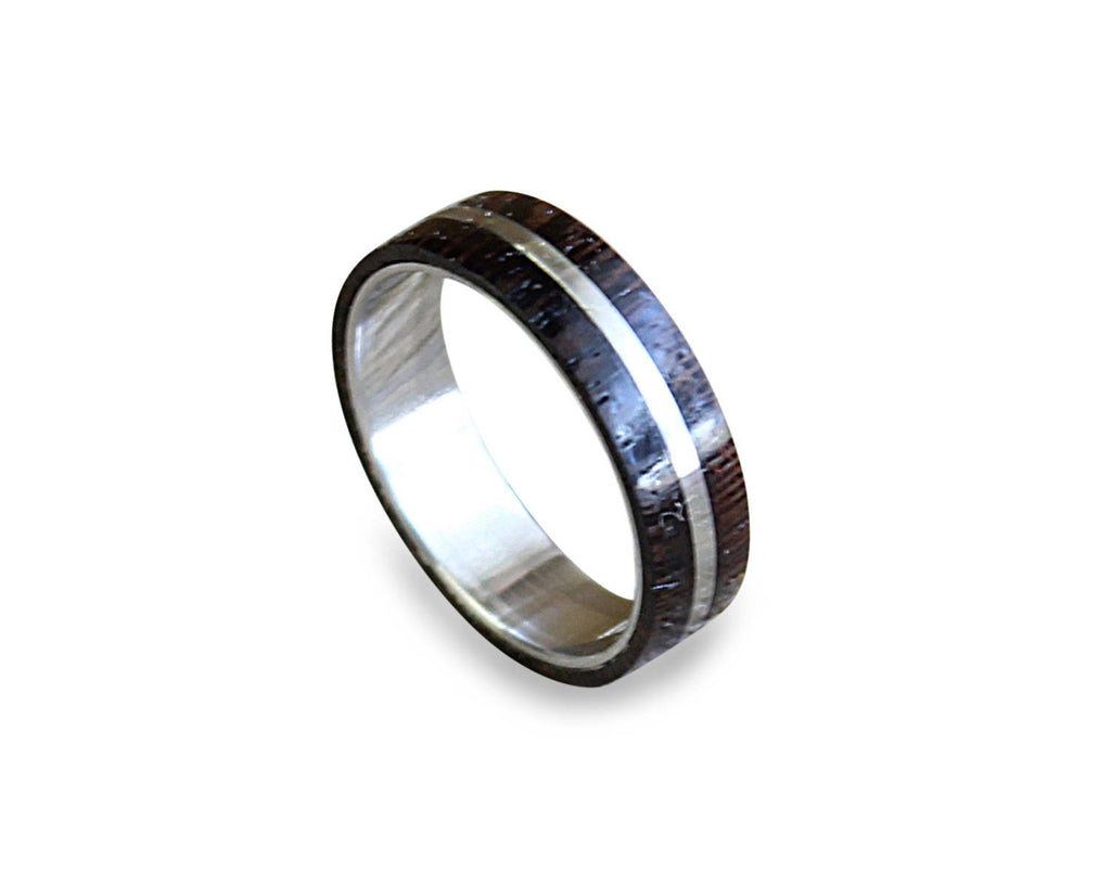 Handmade Stainless Steel Wedding Band with Wenge Wood Inlay