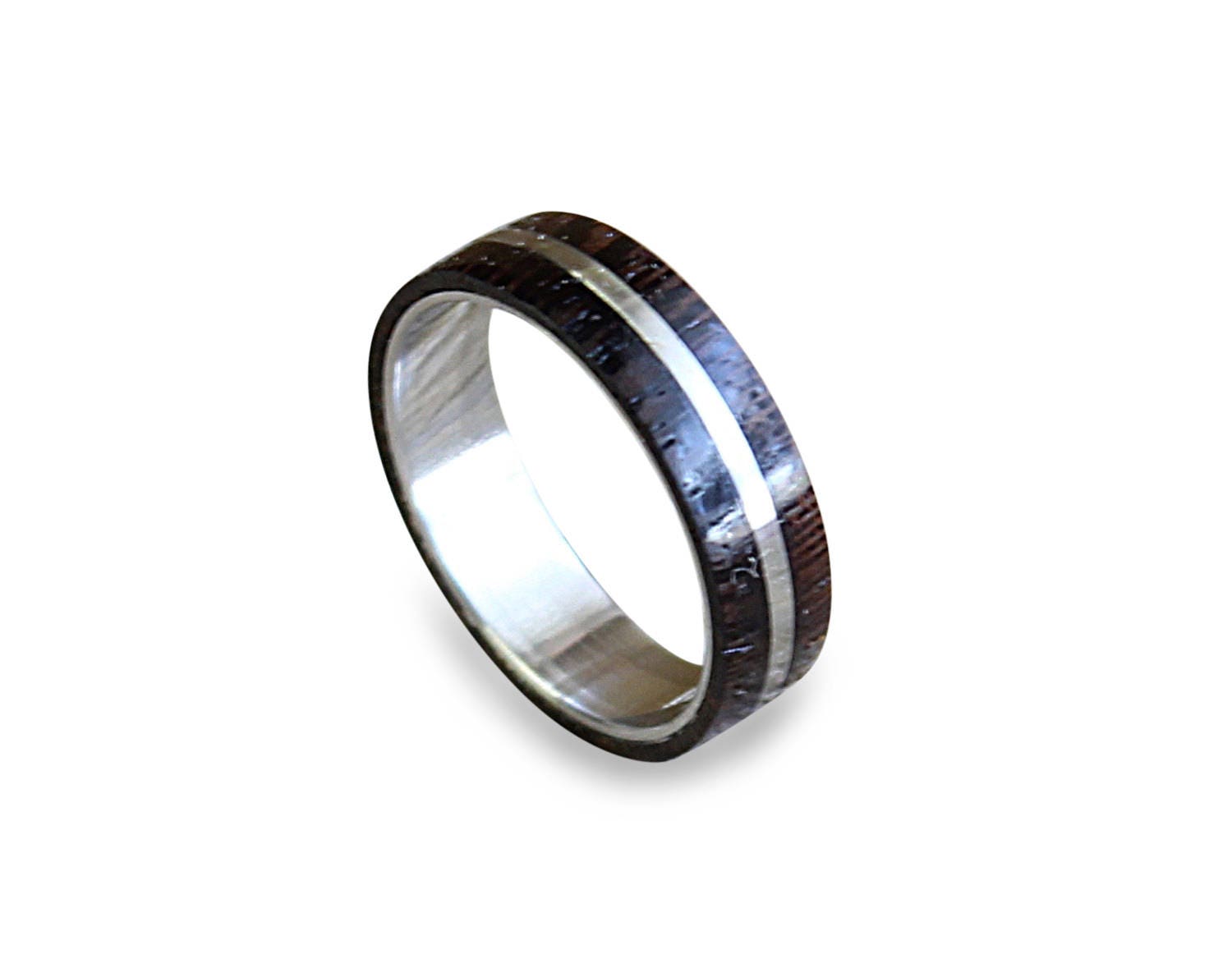 Handmade Stainless Steel Wedding Band with Wenge Wood Inlay