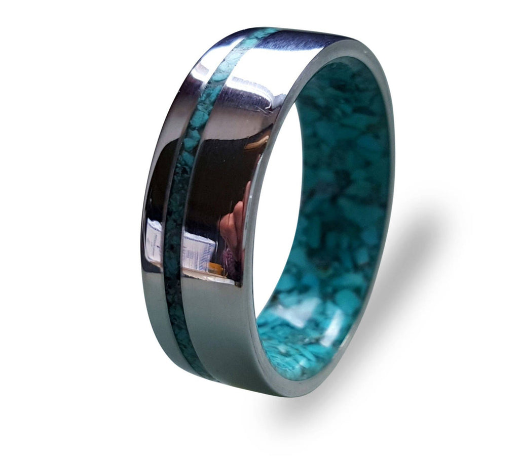 Handmade Turquoise Inlay Ring: Stainless Steel Band, Mirror Finish