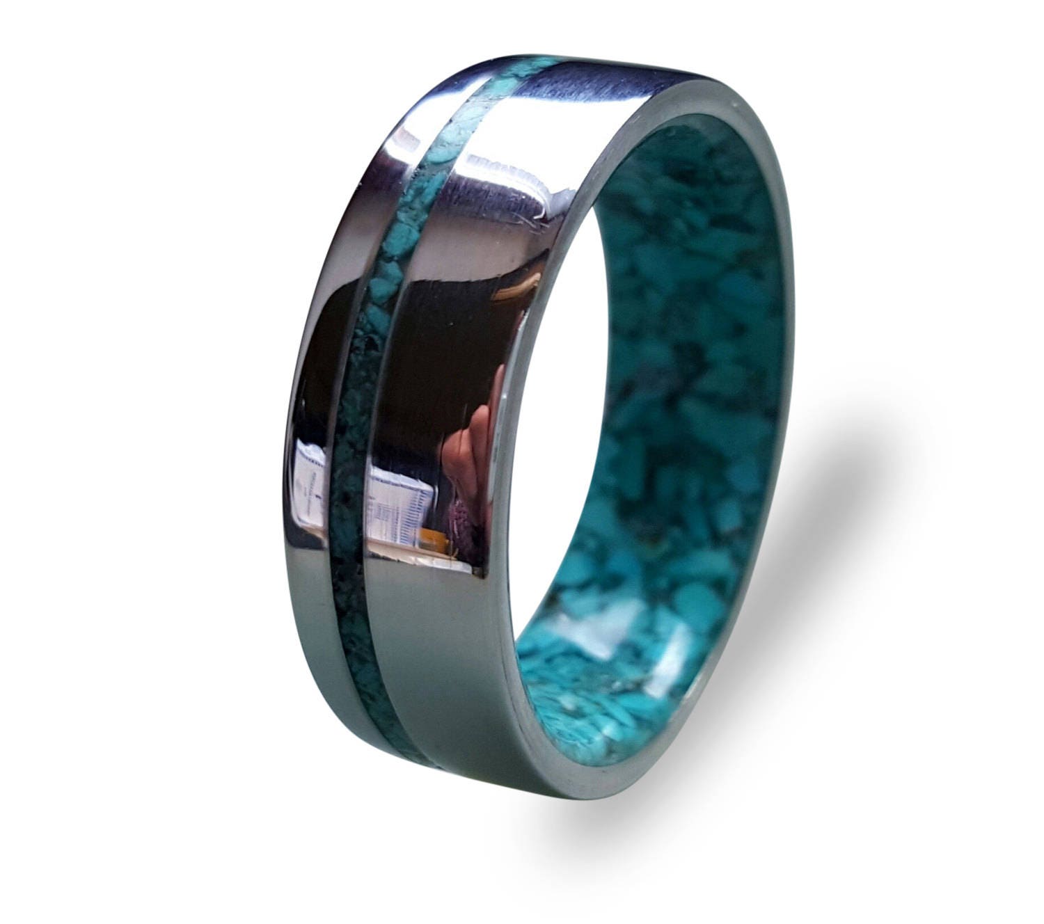 Handmade Turquoise Inlay Ring: Stainless Steel Band, Mirror Finish