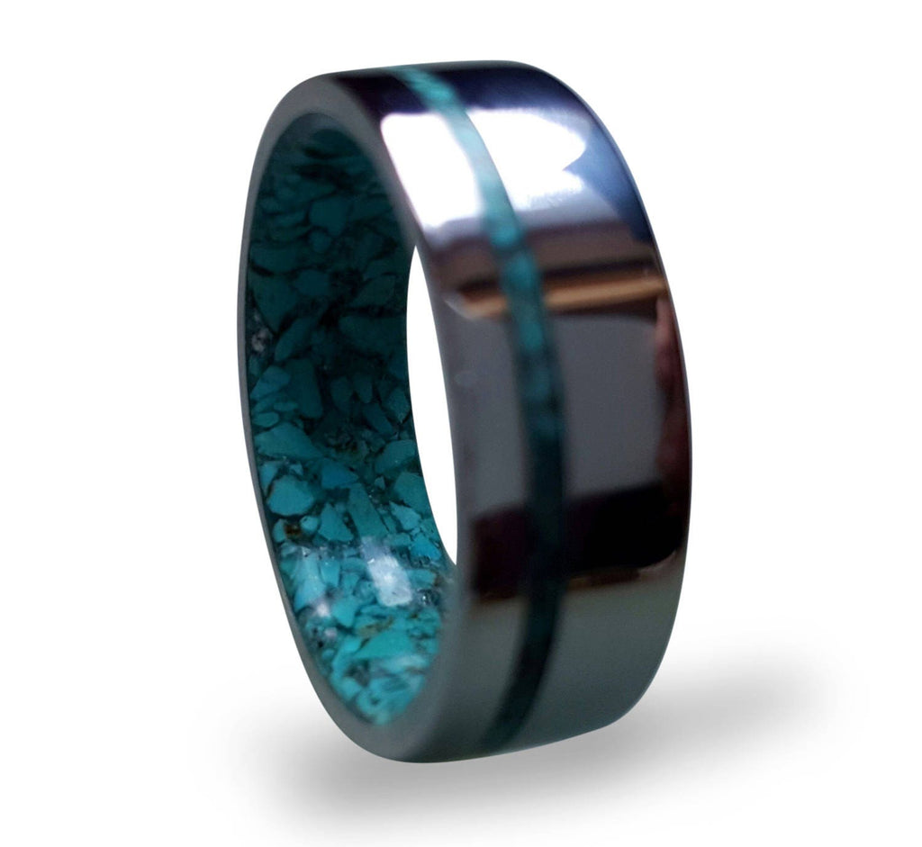 Handmade Turquoise Inlay Ring: Stainless Steel Band, Mirror Finish