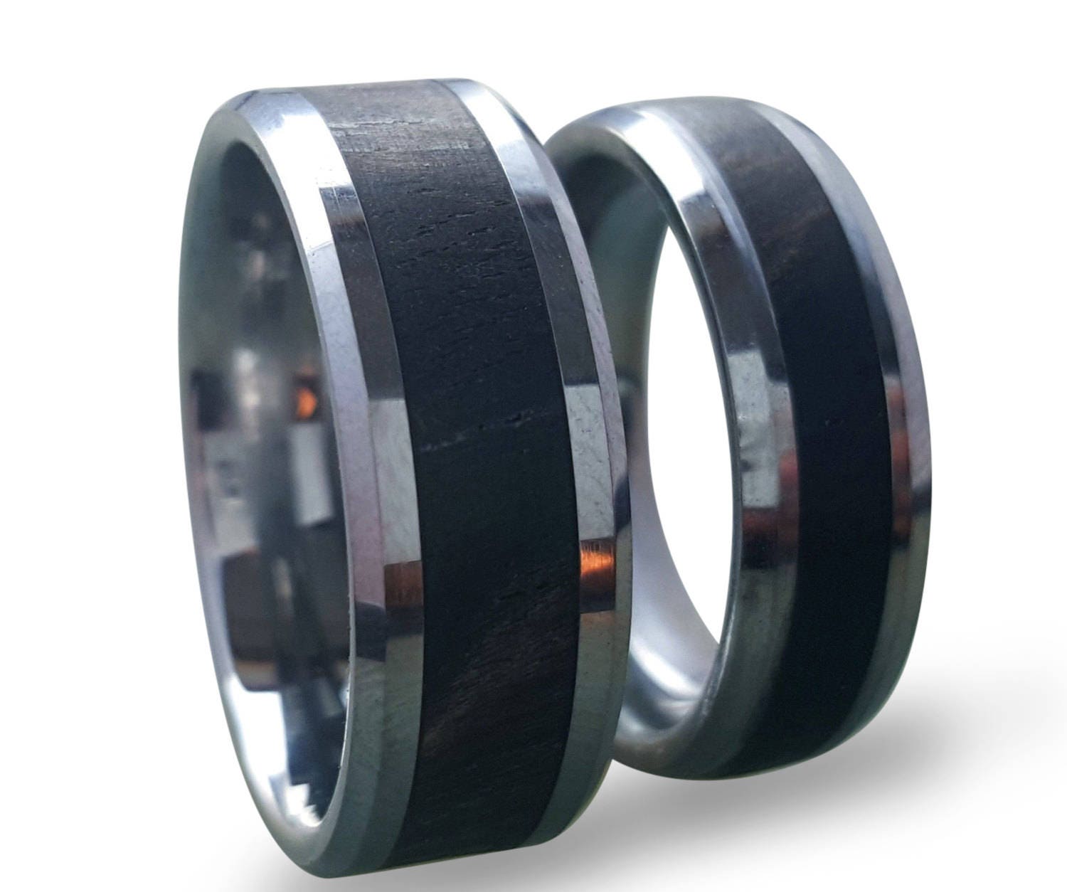 Tungsten Wedding Band Set: Ebony Wood Inlay Rings
