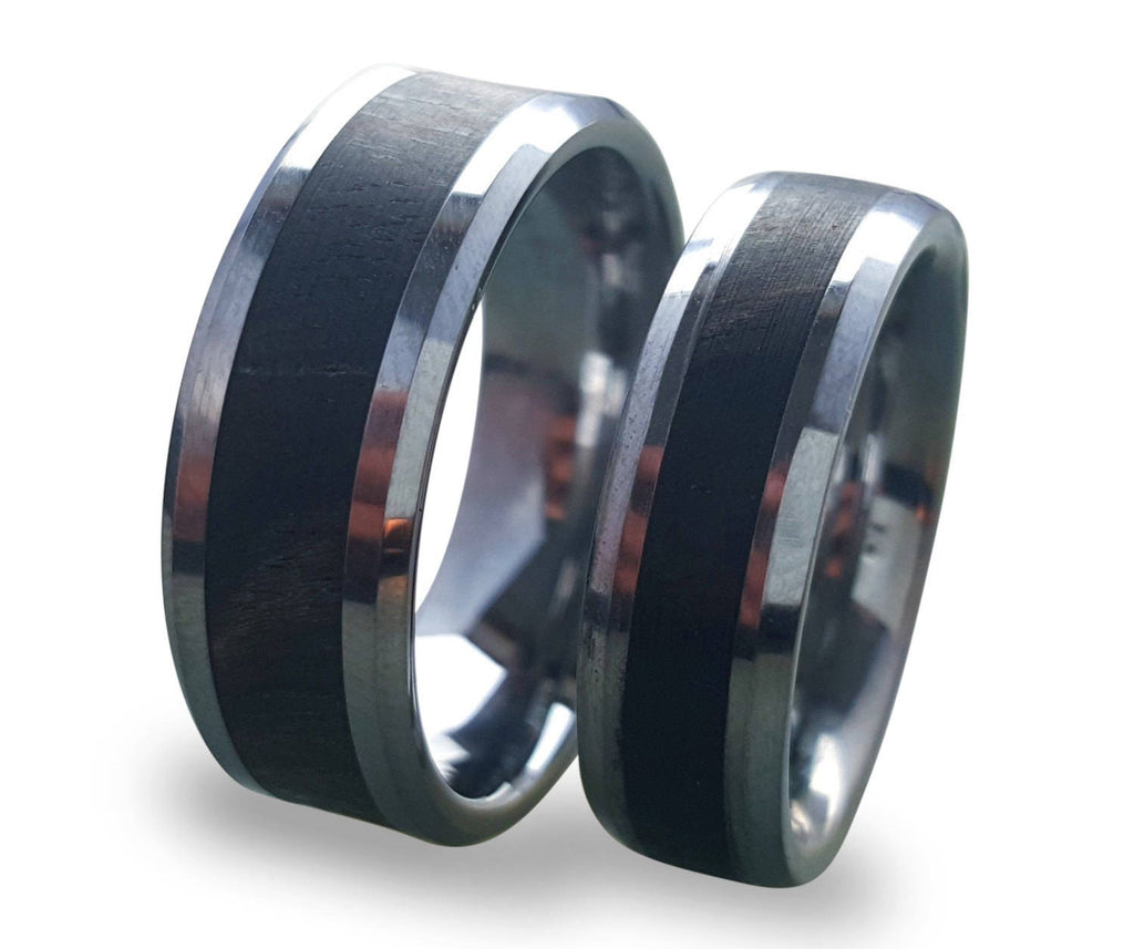 Tungsten Wedding Band Set: Ebony Wood Inlay Rings