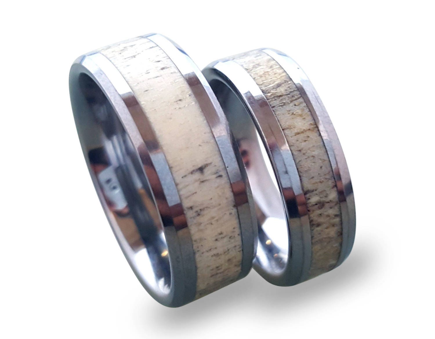 Tungsten Carbide Wedding Band Set: Deer Antler Inlay Rings
