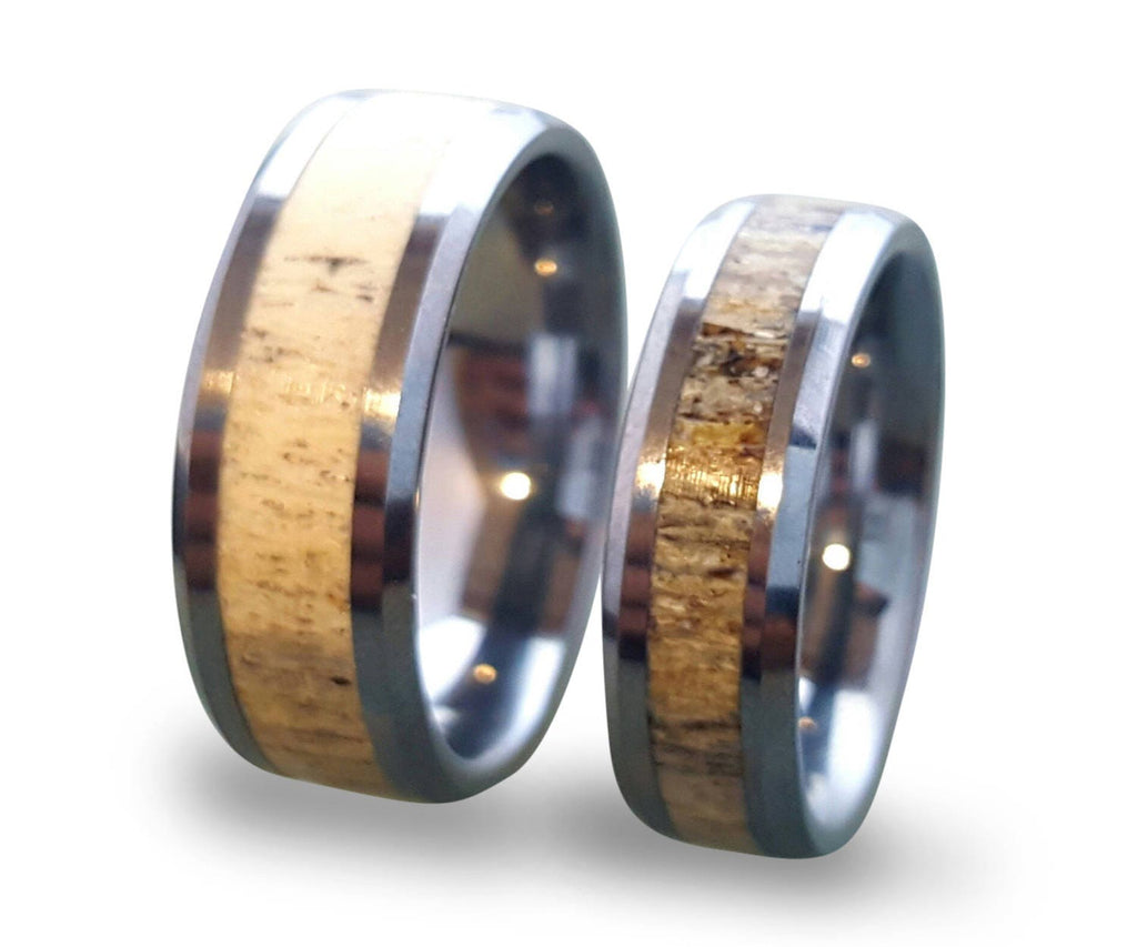 Tungsten Carbide Wedding Band Set: Deer Antler Inlay Rings