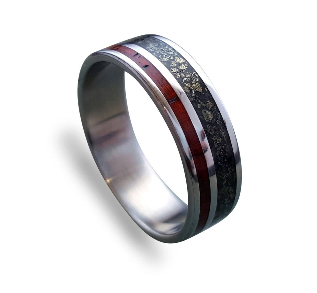 Titanium Wedding Band: Cocobolo Wood & Pyrite Inlay Ring