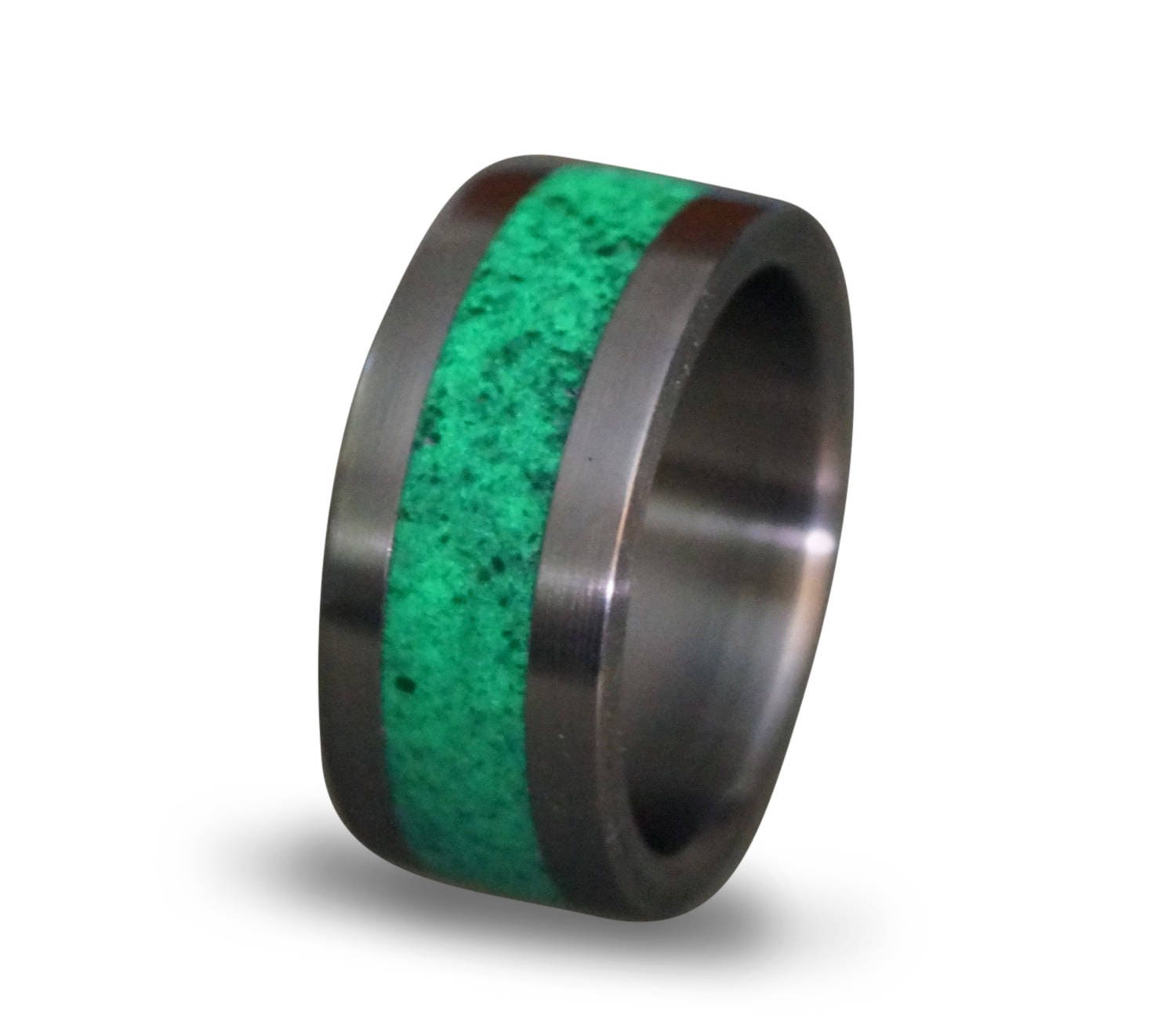 Titanium Ring: Malachite Inlay, Glow in the Dark Band