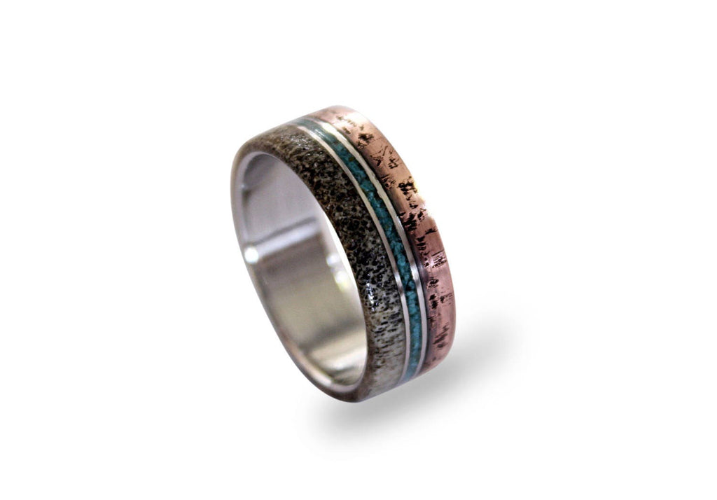 Titanium Wedding Band: Patina Copper, Turquoise & Deer Antler Inlay