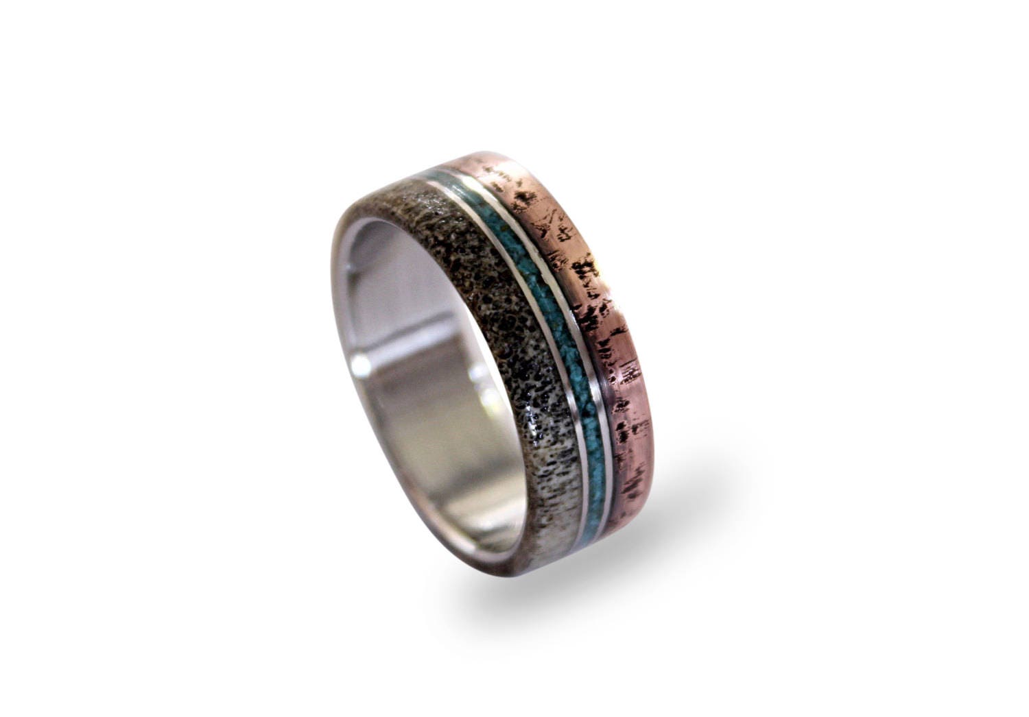 Titanium Wedding Band: Patina Copper, Turquoise & Deer Antler Inlay