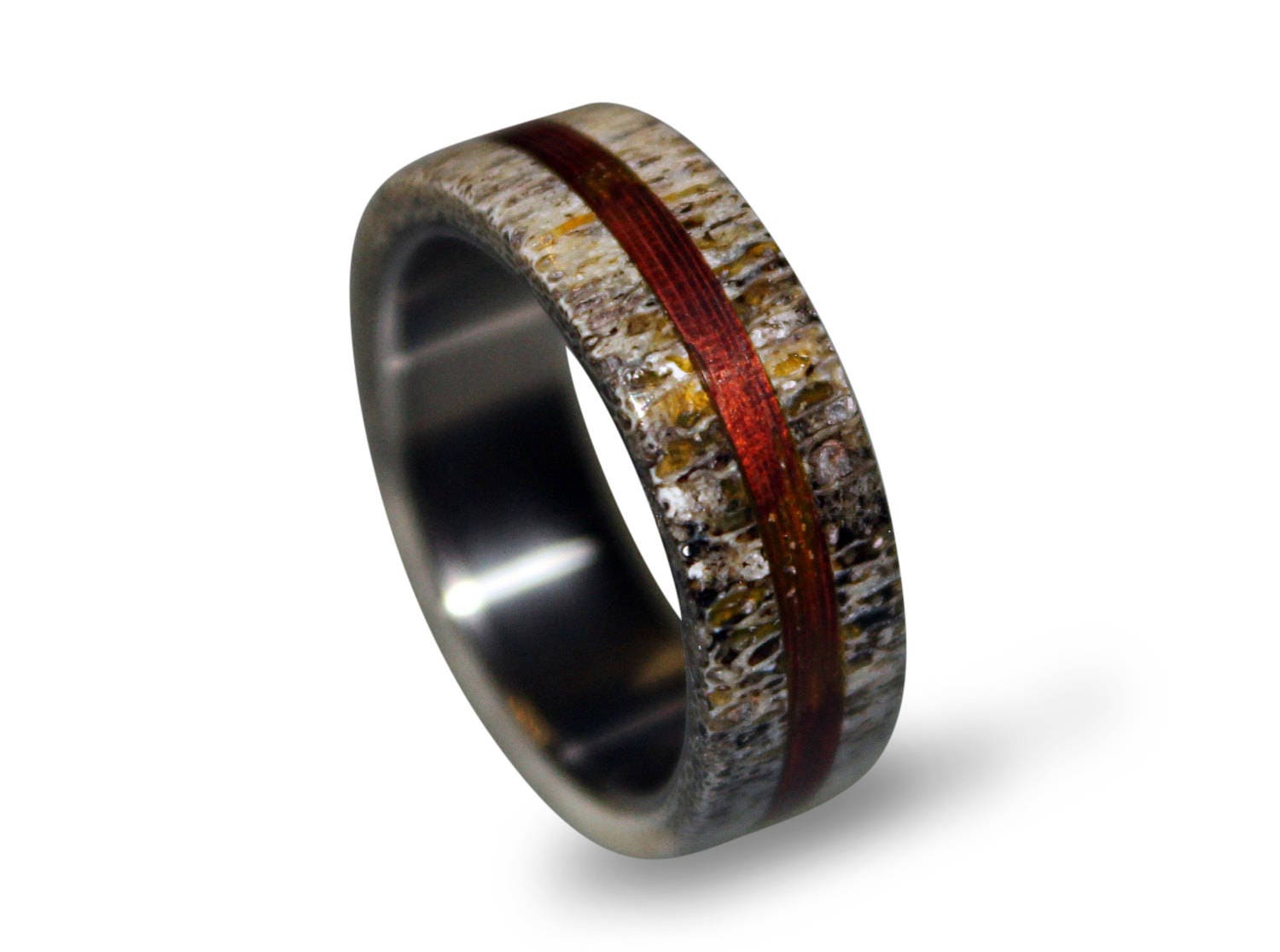 Titanium Ring: Mahogany Wood & Deer Antler Inlay