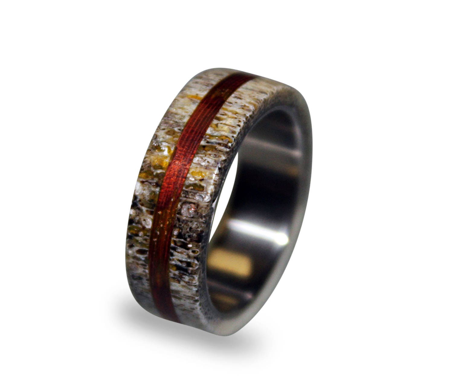 Titanium Ring: Mahogany Wood & Deer Antler Inlay