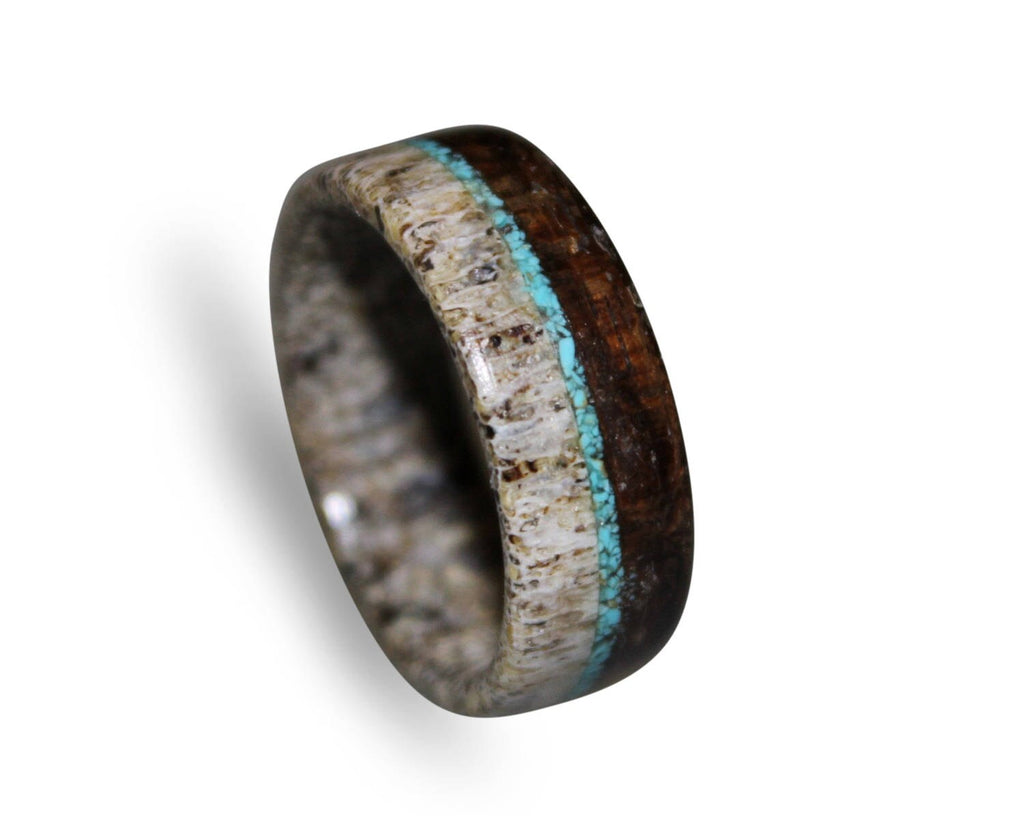Deer Antler Ring, Ziricote Wood, Turquoise Inlays