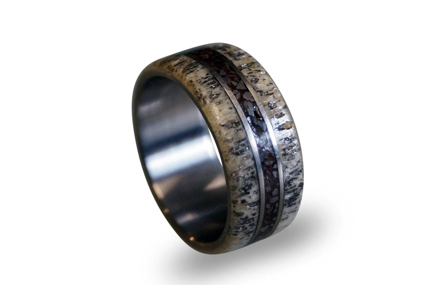Titanium Wedding Band: Deer Antler & Dinosaur Fossil Inlay Ring