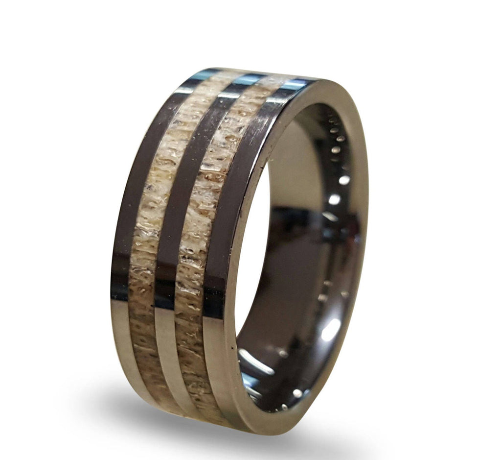 Tungsten Carbide Ring with Deer Antler Inlays: Handmade Wedding Band