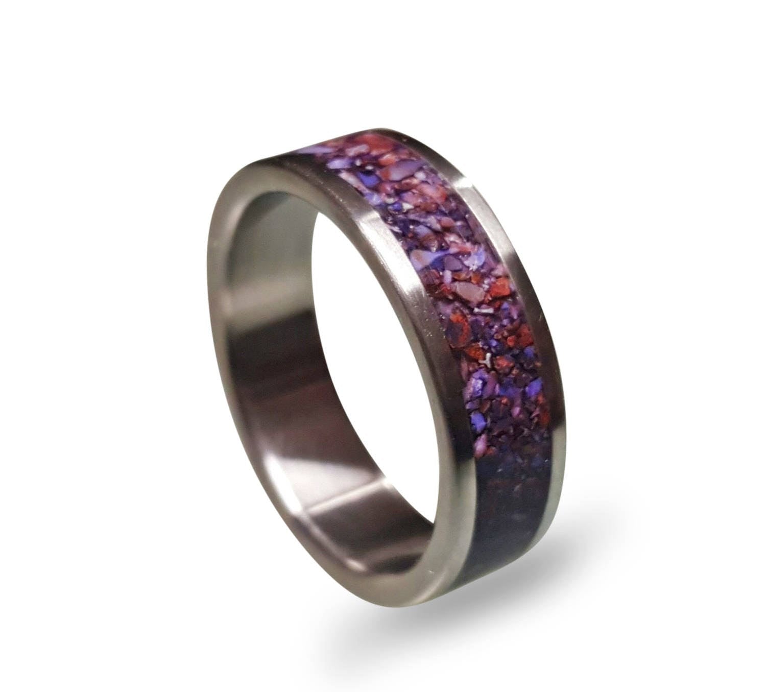Titanium Ring: Crushed Purple Amethyst Inlay Band